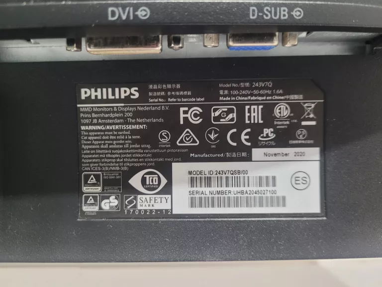 MONITOR 24" PHILIPS MODEL 243V7Q LED FULL HD