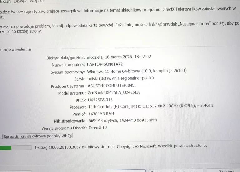 LAPTOP ASUS ZENBOOK 14 UX425E I5-1135G7 16GB 512GB SSD WIN11