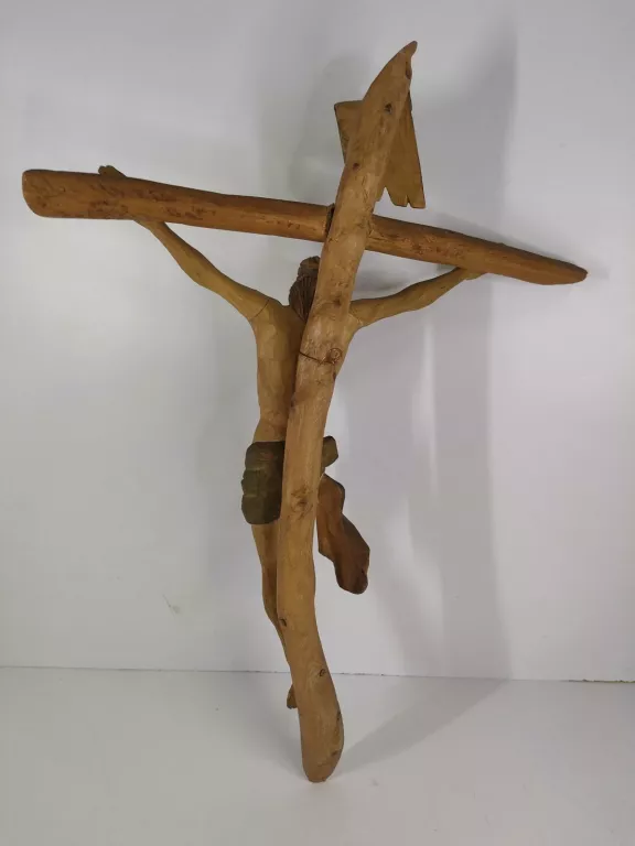 DREWNIANY KRZYŻ RZEŹBIONY JEZUS CHRYSTUS 49CM
