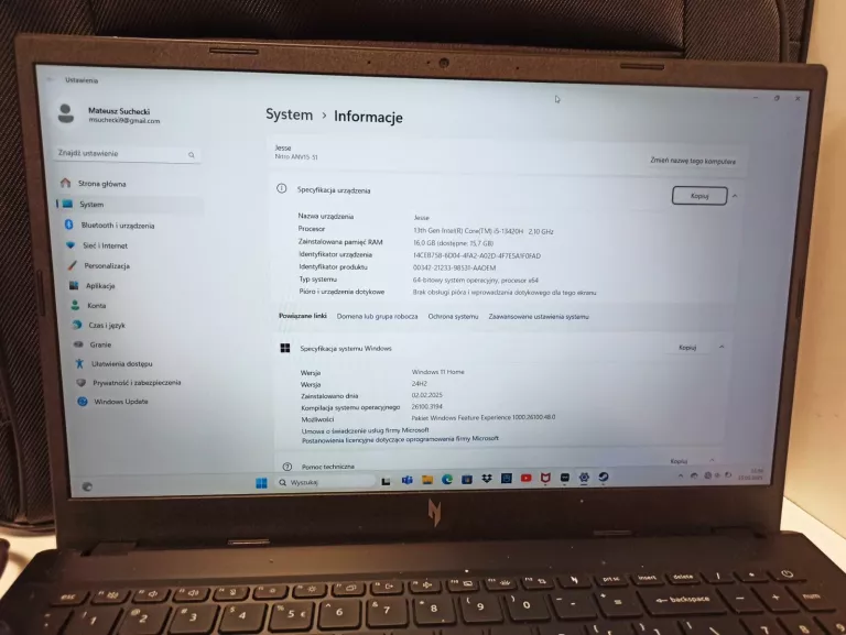 LAPTOP NITRO 5 16 GB ŁADOWARKA PARAGON TORBA