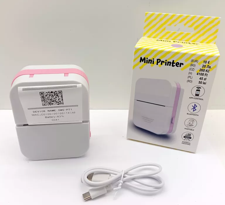 MINI DRUKARKA BLUETOOTH + 1 ROLKA RÓŻOWA PUDELKO