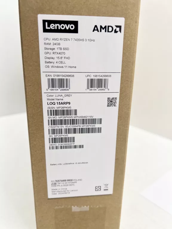 LAPTOP LENOVO LOQ R7 7435HS 15,6" FHD 144HZ 24GB 1000SSD RTX4070 DLSS 3 W1