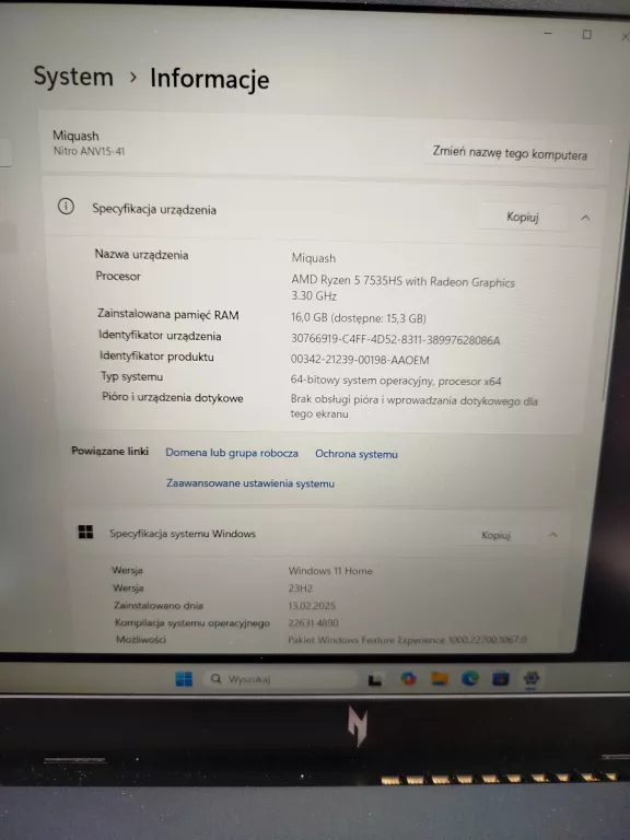 LAPTOP ACER NITRO NITRO V 15(ANV15-41) N23Q22 16GB/512GB KOMPLET