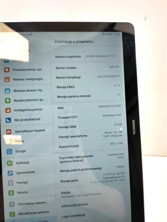 TABLET HUAWEI MEDIAPAD T3 10 9,6" 2 GB / 16 GB SZARY AGS-L09 LTE