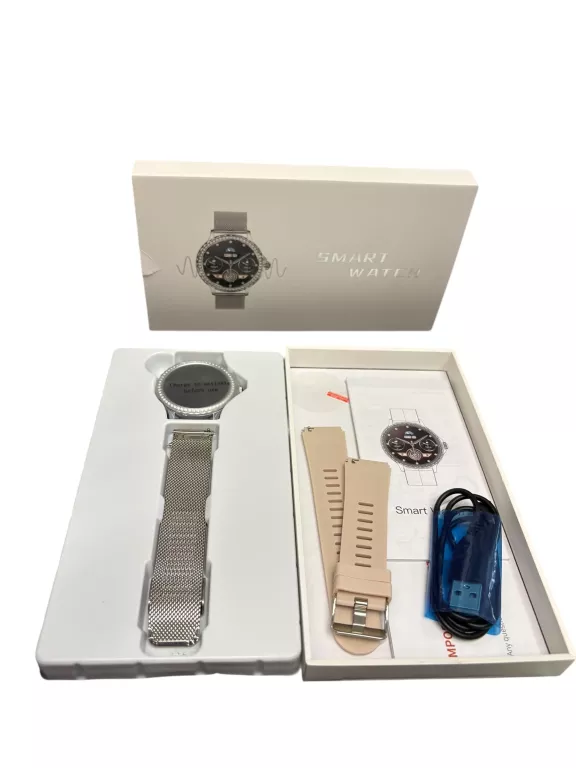 SMARTWATCH DAMSKI NX19 SREBRNA BRANSOLETA I PASEK KOMPLET