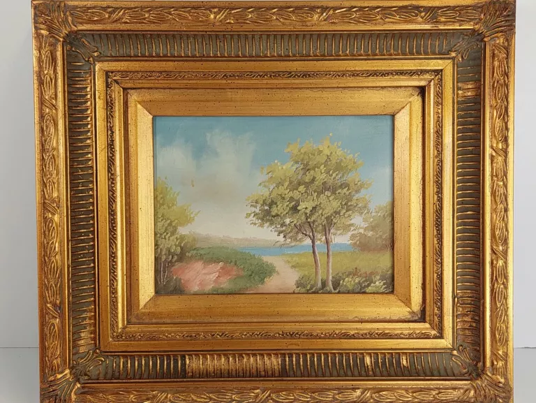 OBRAZ PEJZAŻ W ZŁOCONEJ RAMIE. OLEJ NA PŁÓTNIE 36X30CM