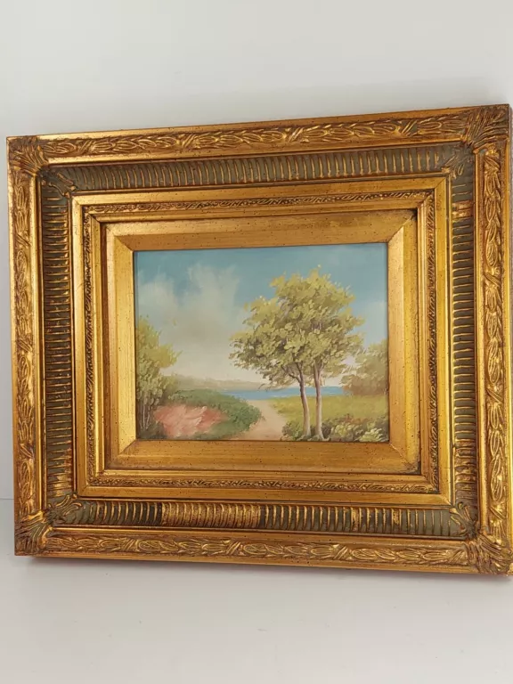 OBRAZ PEJZAŻ W ZŁOCONEJ RAMIE. OLEJ NA PŁÓTNIE 36X30CM