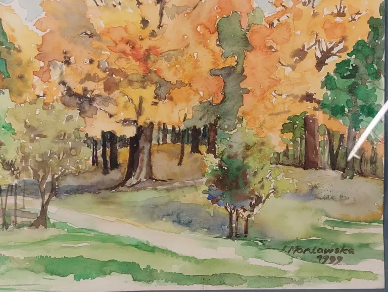 OBRAZ AKWARELOWY PEJZAŻ JESIENNY PARK. SYGNOWANY 1999 R.