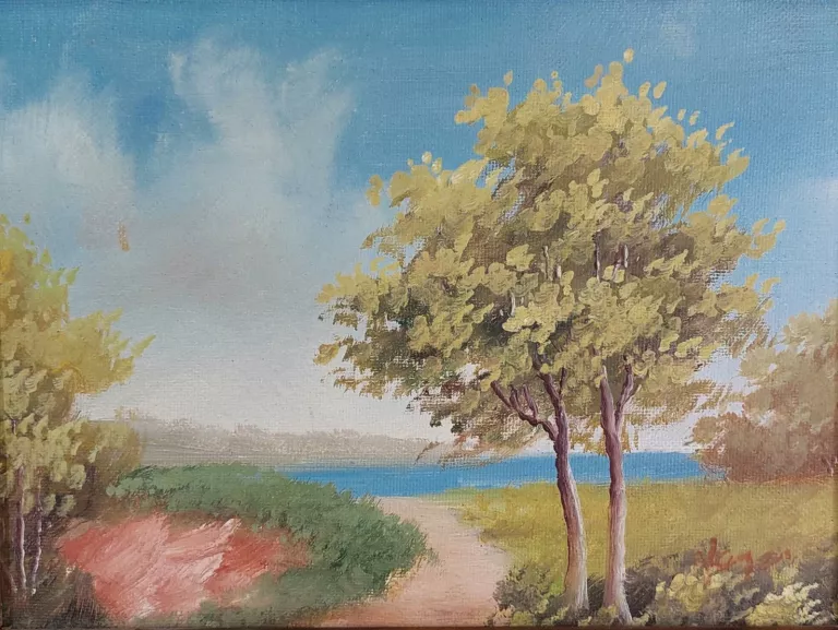 OBRAZ PEJZAŻ W ZŁOCONEJ RAMIE. OLEJ NA PŁÓTNIE 36X30CM