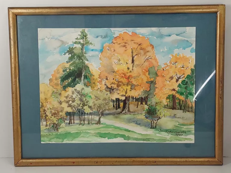 OBRAZ AKWARELOWY PEJZAŻ JESIENNY PARK. SYGNOWANY 1999 R.