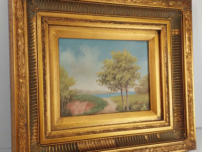OBRAZ PEJZAŻ W ZŁOCONEJ RAMIE. OLEJ NA PŁÓTNIE 36X30CM