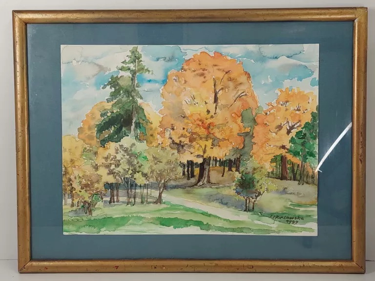 OBRAZ AKWARELOWY PEJZAŻ JESIENNY PARK. SYGNOWANY 1999 R.