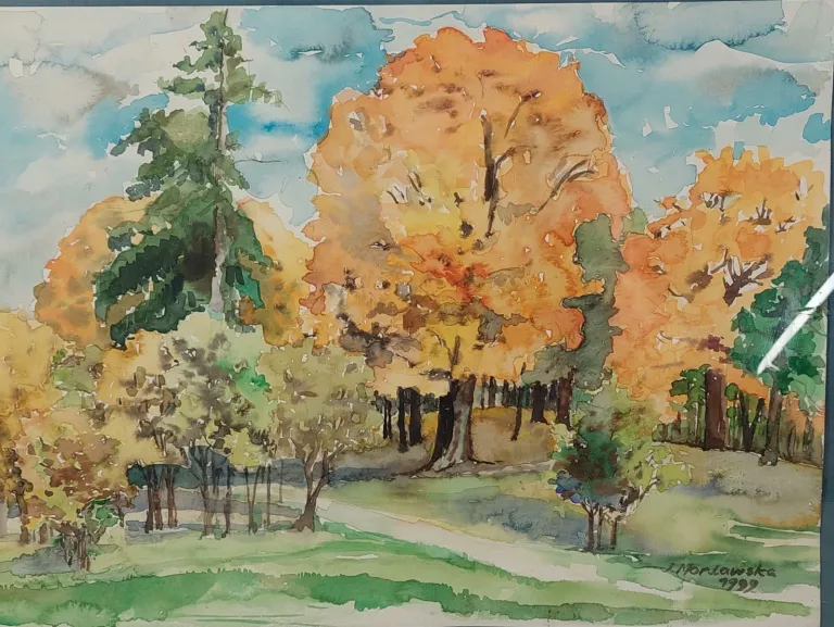 OBRAZ AKWARELOWY PEJZAŻ JESIENNY PARK. SYGNOWANY 1999 R.