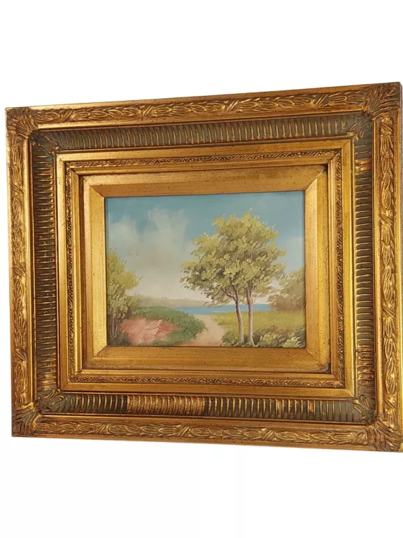 OBRAZ PEJZAŻ W ZŁOCONEJ RAMIE. OLEJ NA PŁÓTNIE 36X30CM