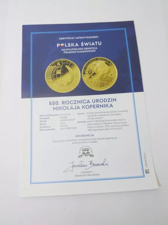 MEDAL NUMIZMAT 550 ROCZNICA URODZIN MIKOŁAJA KOPERNIKA + CERTYFIKAT