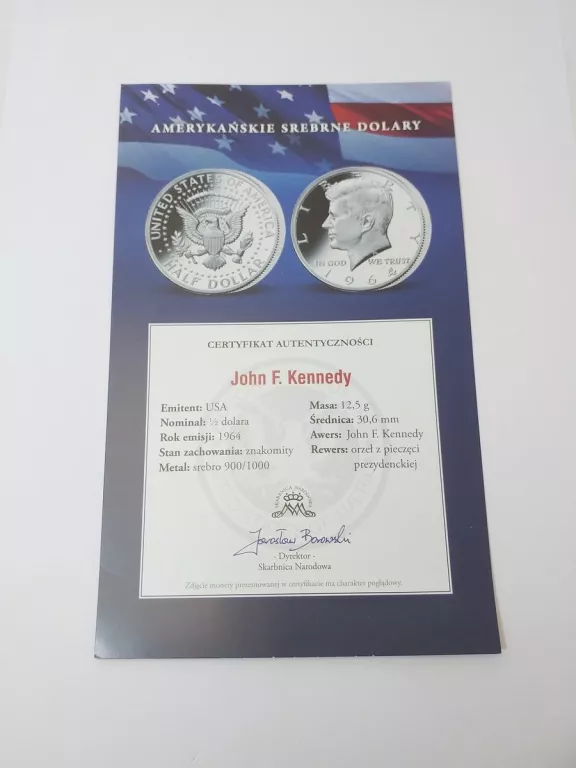 MONETA HALF DOLLAR 1964 JOHN F. KENNEDY + CERTYFIKAT
