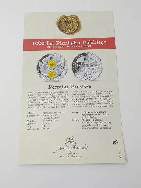 MEDAL NUMIZMAT 1000 LAT PIENIĄDZA POLSKIEGO - POCZĄTKI PAŃSTWA+ CERTYFIKAT