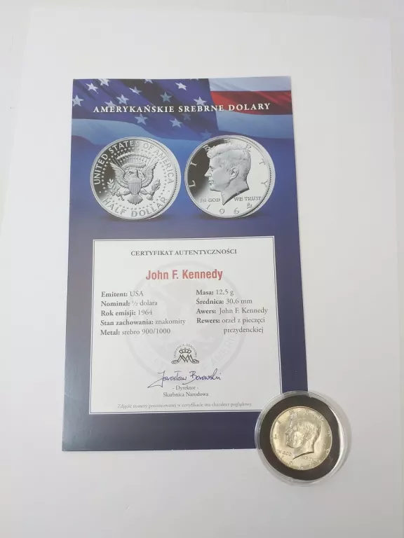 MONETA HALF DOLLAR 1964 JOHN F. KENNEDY + CERTYFIKAT