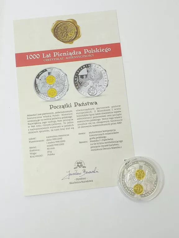 MEDAL NUMIZMAT 1000 LAT PIENIĄDZA POLSKIEGO - POCZĄTKI PAŃSTWA+ CERTYFIKAT