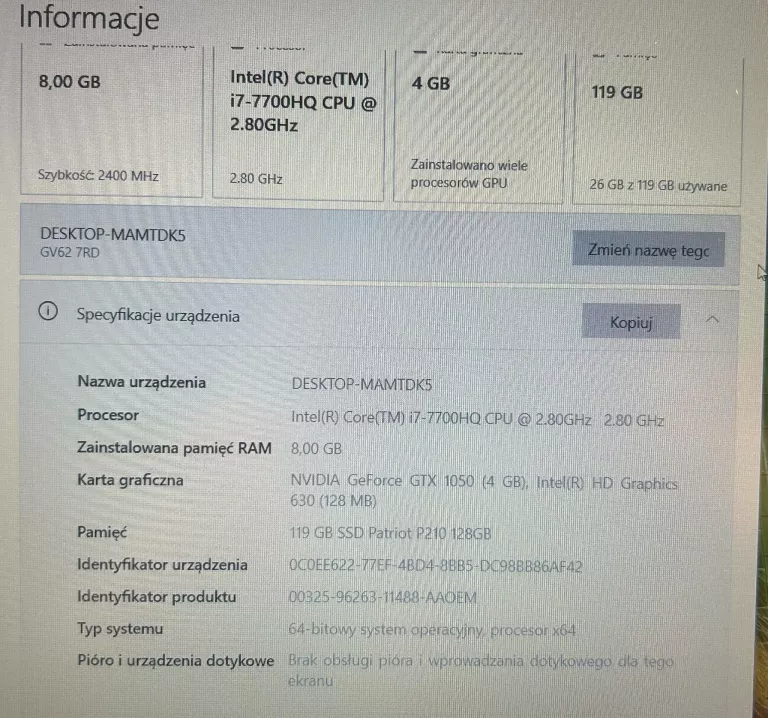 LAPTOP MSI GV62 7RD-2602PL KOMPLET