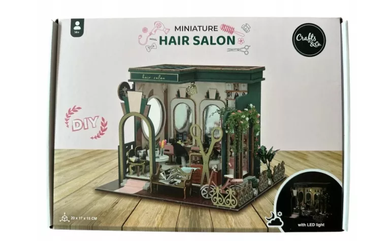 MINIATUROWY DREWNIANY SALON FRYZUR HAIR SALON Z OŚWIETLENIEM LED LIGHT 14+