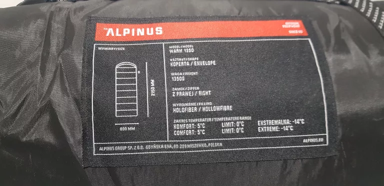 ŚPIWÓR W GÓRY ALPINUS WARM 1350 80 CM X 215 CM PRAWY STAN BDB