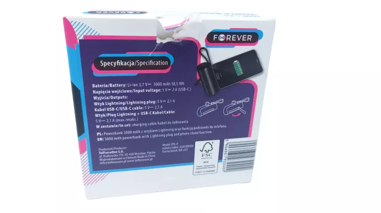 POWERBANK Z KONEKTOREM LIGHTNING FOREVER 5000 MAH