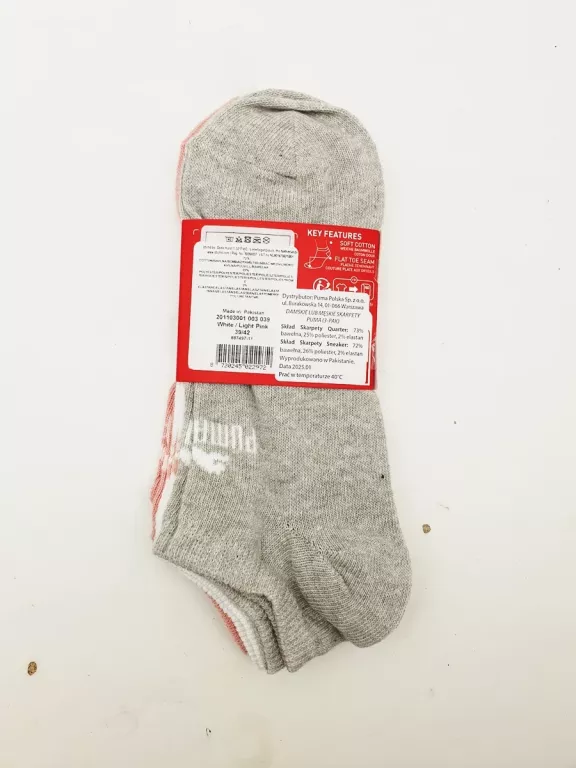 STOPKI PUMA SKARPETKI SNEAKER ROZMIAR 39-42 SZARE BIAŁE RÓŻOWE 3 SZT