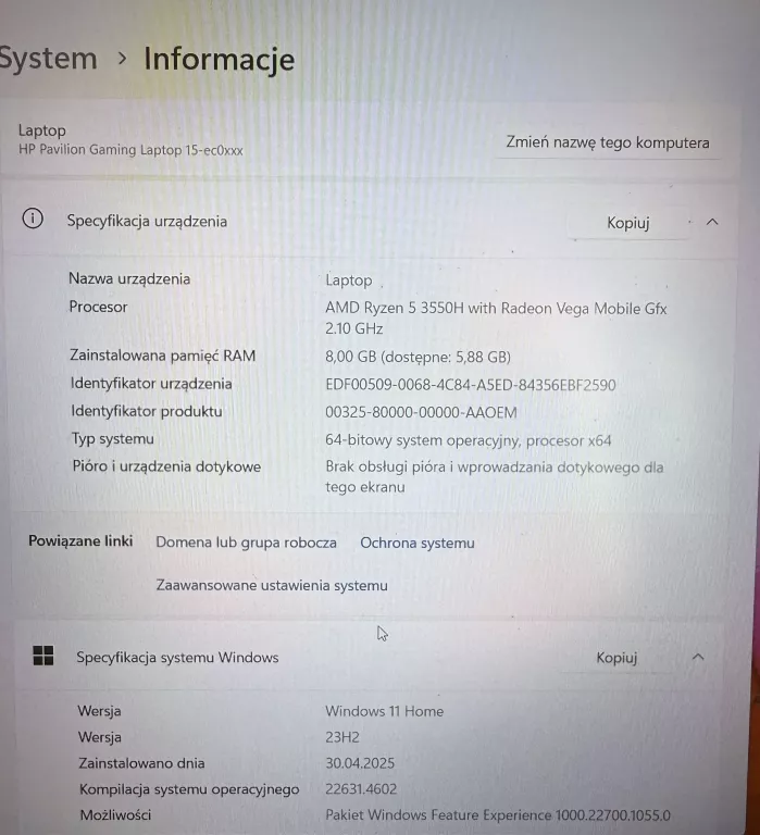 LAPTOP HP PAVILION GAMING 15-EC0051NW 15,6"/RYZEN 5 3550H/8GB