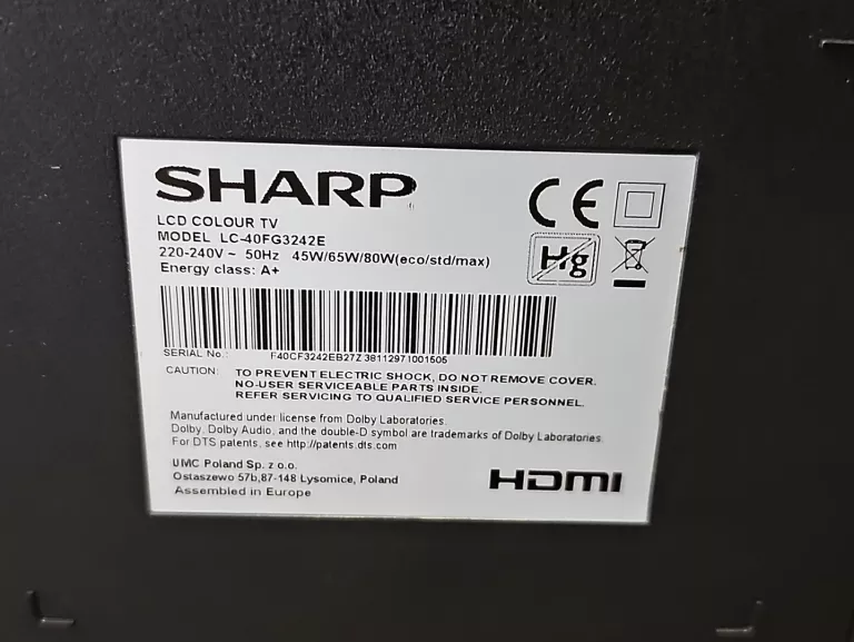 TELEWIZOR 40" SHARP LC-40FG3242E, PILOT (OPIS)
