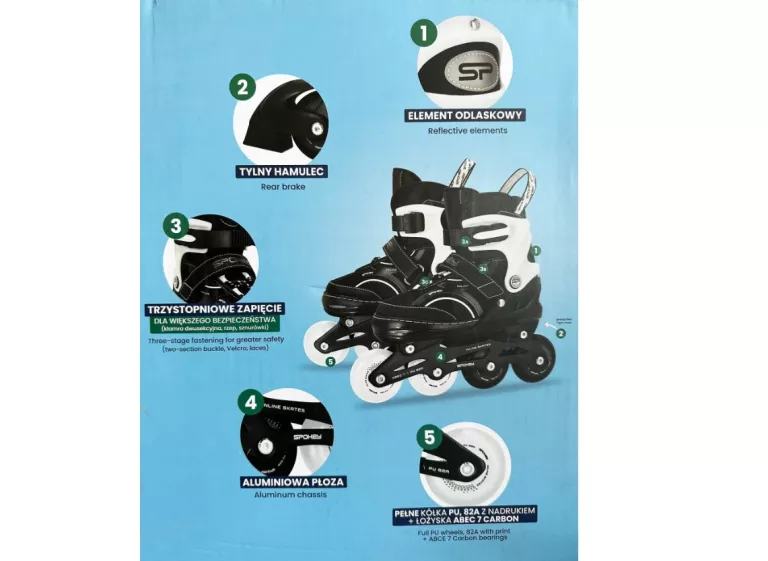 SPOKEY ROLKI REGULOWANE 38-41 ŁOŻYSKA CARBON ABEC 7 ALUMINIO PŁOZA ODBLASK
