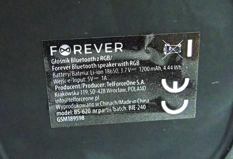 GŁOŚNIK BLUETOOTH Z RGB FOREVER BS-620