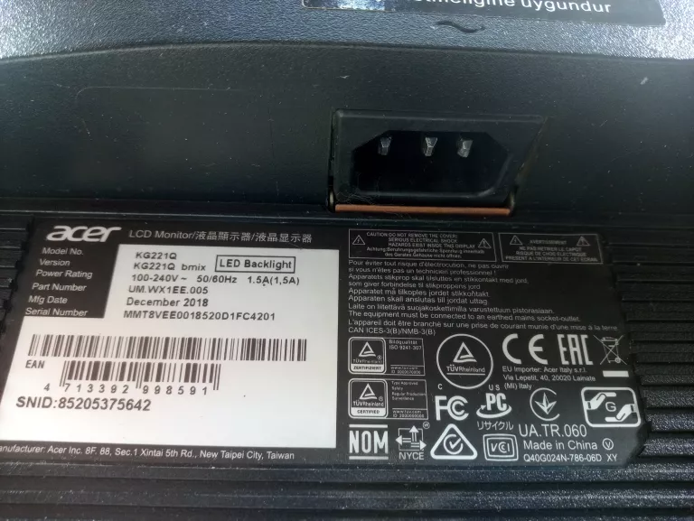 MONITOR ACER KG221QBMIX + KAB ZASIL