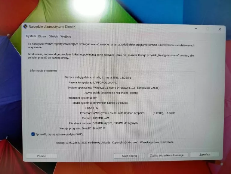 LAPTOP HP PAVILION HP 15-EH0008NW 8GB RAM WIN11 AMD RYZEN5 + ZASILACZ