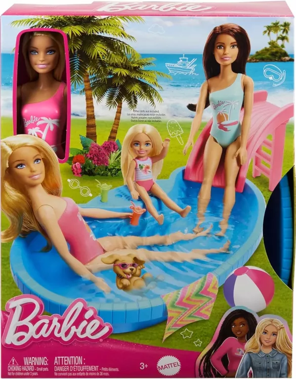 LALKA BARBIE BASEN ZESTAW BASEN ZE ZJEŻDŻALNIĄ + LALKĄ BARBIE W KOSTIUMIE