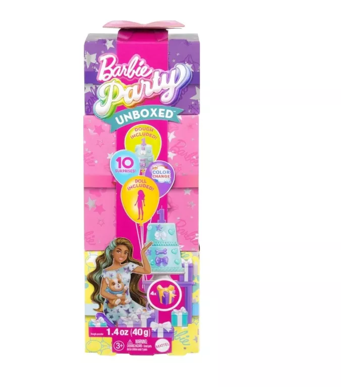 BARBIE PARTY UNBOXED NIESPODZIANKI LALKA BRUNETKA Z PIESKIEM+AKCESORIA 3+