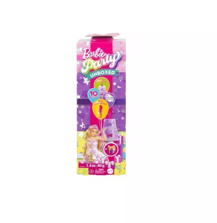 BARBIE PARTY UNBOXED NIESPODZIANKI LALKA BLONDYNKA Z PIESKIEM+AKCESORIA 3+