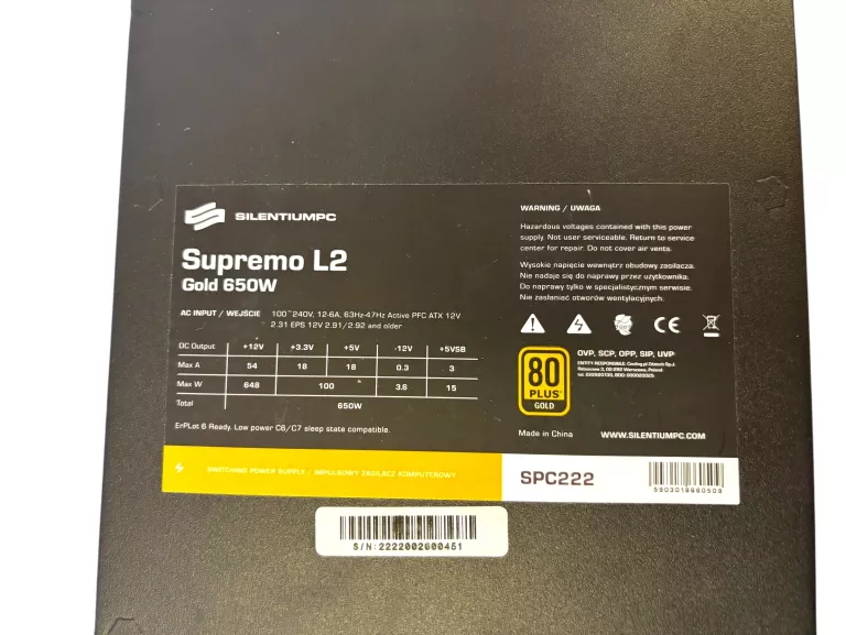 ZASILACZ SILENTIUMPC SUPREMO L2 650W 80+ GOLD KOMPLET