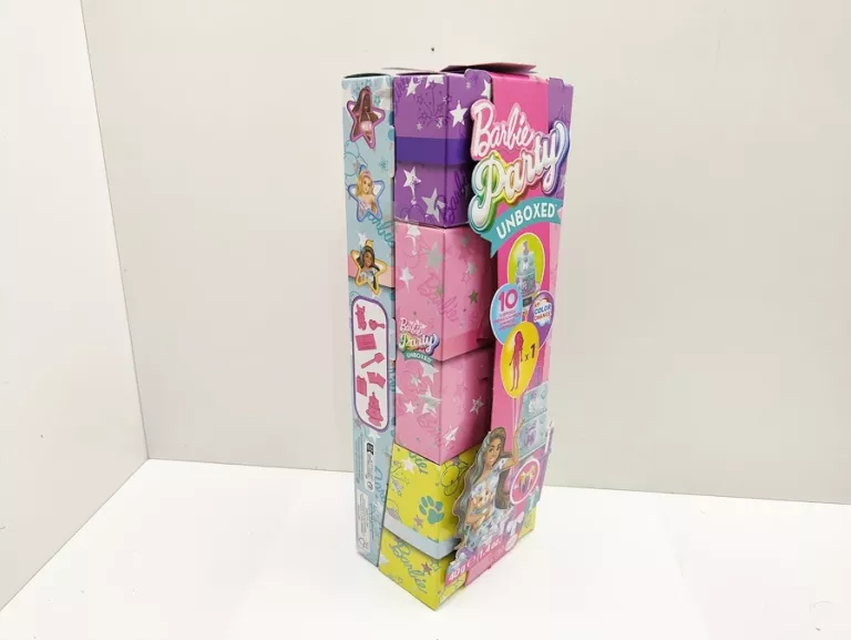 BARBIE PARTY UNBOXED NIESPODZIANKI LALKA BRUNETKA Z PIESKIEM+AKCESORIA 3+