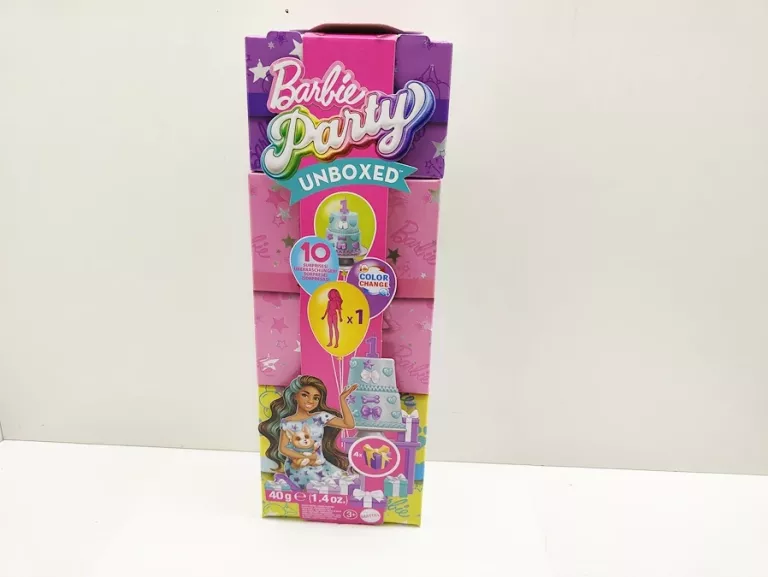 BARBIE PARTY UNBOXED NIESPODZIANKI LALKA BRUNETKA Z PIESKIEM+AKCESORIA 3+