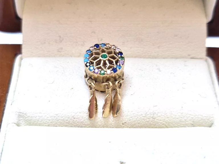 CHARMS BEADS DO PANDORA ZŁOTO 585, 1,49 G, ŁAPACZ SNÓW KOLOROWE CYRKONIE