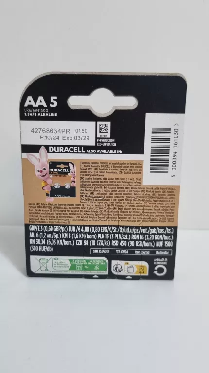 BATERIA ALKALICZNA DURACELL AA (R6) 5 SZT.