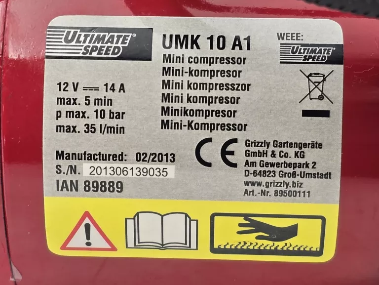 MINI KOMPRESOR SPRĘŻARKA SAMOCHODOWA ULTIMATE SPEED UMK 10 A1 - JAK NOWA