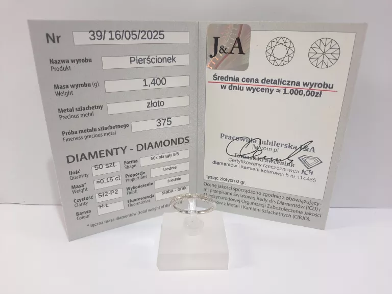 ZŁOTY PIERŚCIONEK DIAMENTY BIAŁE ZŁOTO 0.15 CT P375 1.40G R14