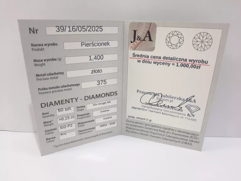 ZŁOTY PIERŚCIONEK DIAMENTY BIAŁE ZŁOTO 0.15 CT P375 1.40G R14