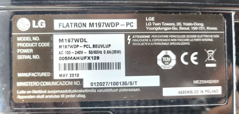 TELEWIZOR/MONITOR LG M197WDP 19 CALI!