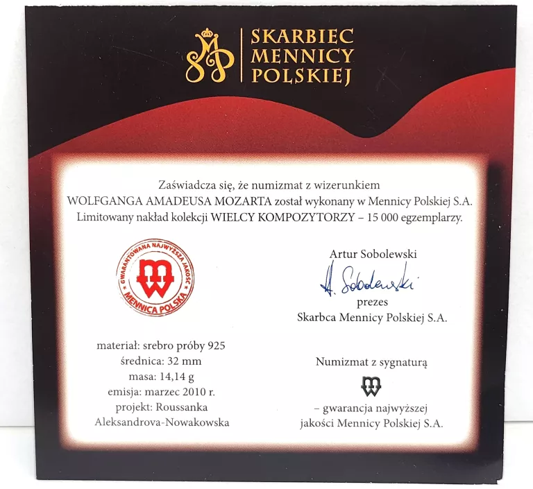 NUMIZMAT WIELCY KOMPOZYTORZY MOZART SREBRO 925 + KSIĄZKA + CD