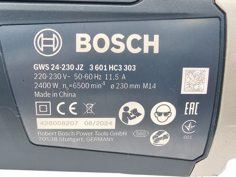 SZLIFIERKA KĄTOWA BOSCH GWS 24-230 JZ 2400W 230MM CYCLON-TECH 08/2024R
