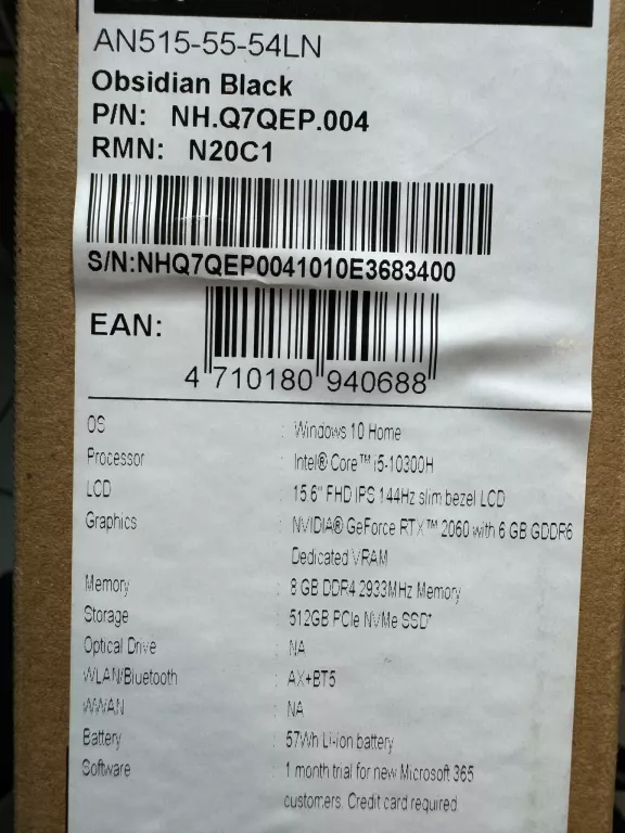 ACER NITRO 5 I5-10300H/16GB/512/W10 RTX2060