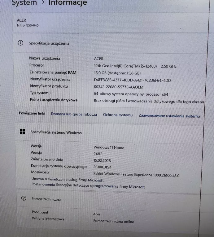 KOMPUTER ACER NITRO N50-640! GTX 1660 SUPER I5 12TH GEN,16GB/473GB SSD